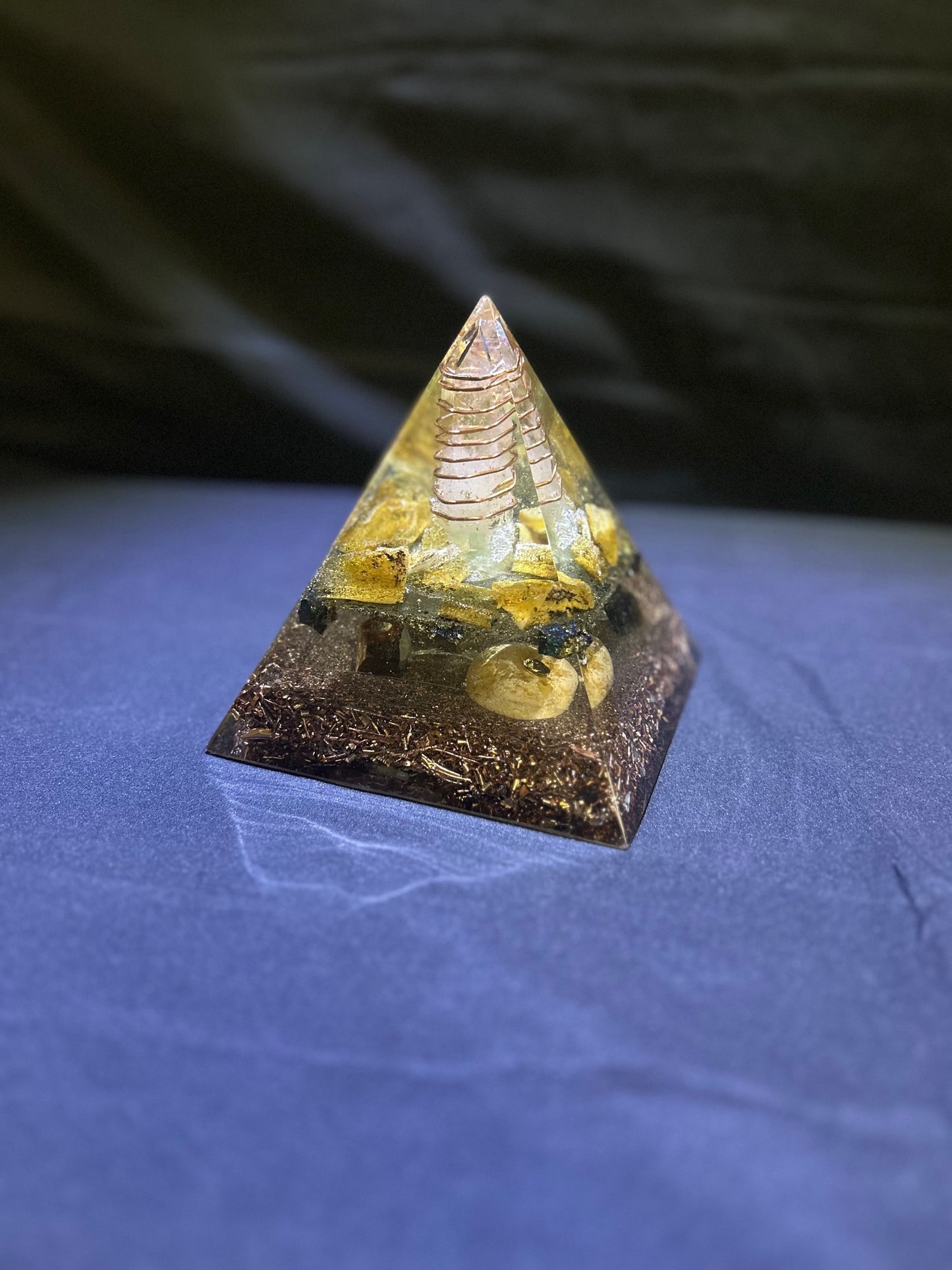 Clear Quartz & Amber Copper Coil Tower Pyramid