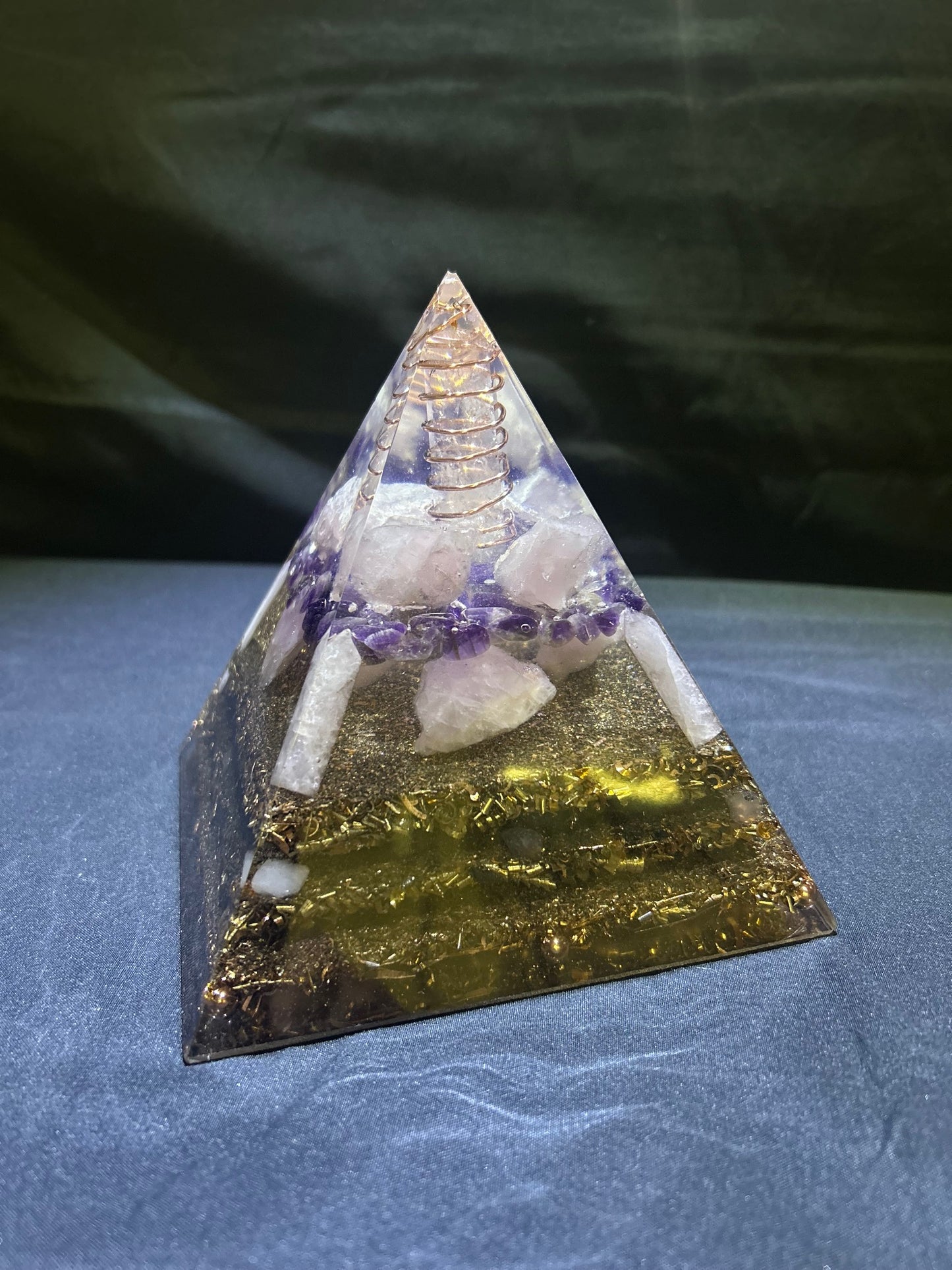 Clear Quartz & Rose Quartz Copper Coiled Tower Pyramid