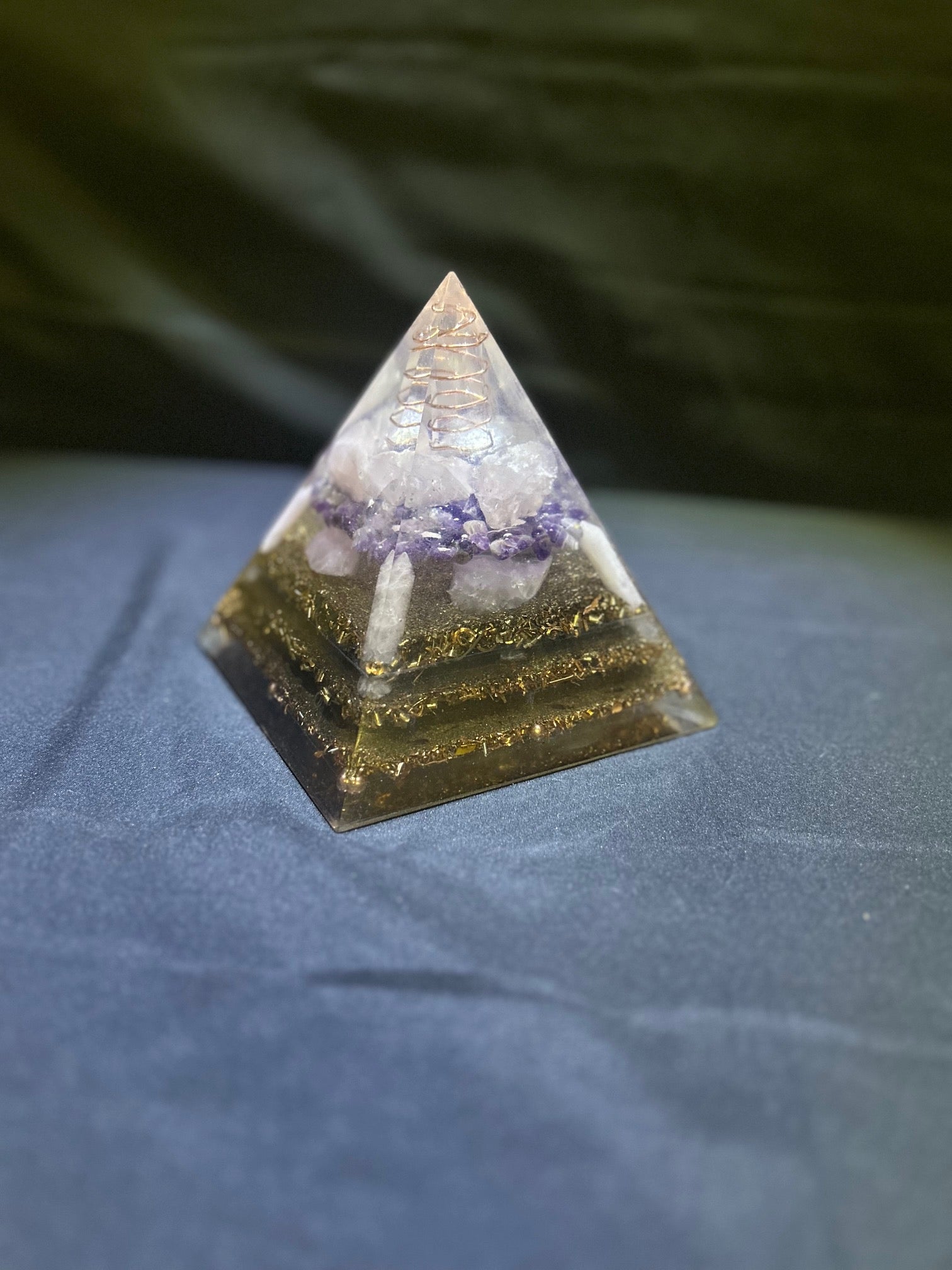 Clear Quartz & Rose Quartz Copper Coil Tower Pyramid